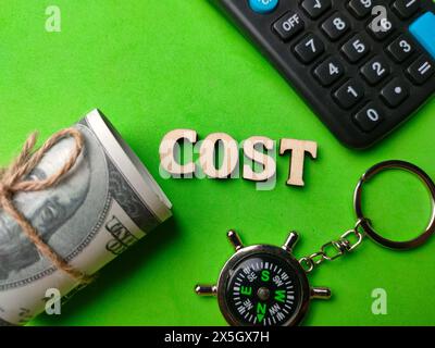 Top view compass,banknotes,calculator and wooden word with text COST on green background. Stock Photo