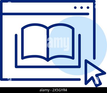 Web page in browser with book and mouse clicking on it. Digital library. Online book access. Pixel perfect, editable stroke vector icon Stock Vector