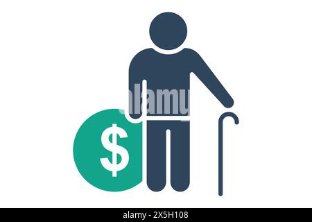 pension icon. elderly with dollar. icon related to elderly. solid icon style. old age element illustration Stock Vector