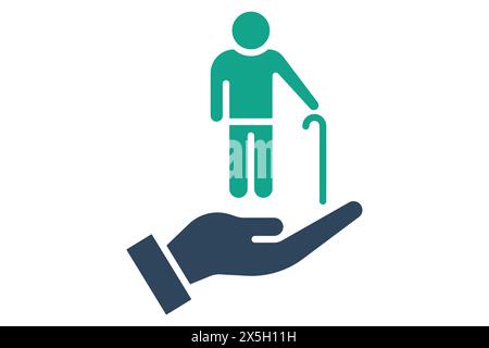 elderly care icon. hand with elderly. icon related to elderly. solid icon style. old age element illustration Stock Vector