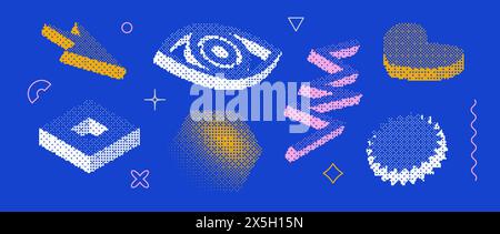 Bitmap pixelated shape set. Dither halftone geometric object collection. Eye, arrow, zigzag, heart, hexagon, star elements for banner, poster, leaflet. Pixel 3d raster effect bundle. Vector pack Stock Vector