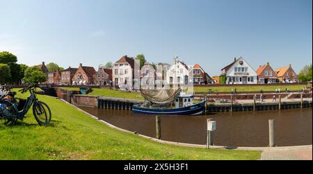 Panoramab, cutter harbour, Greetsiel, Krummhoern, East Frisia, Germany Stock Photo