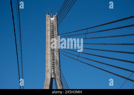 Long wire ropes, Vansu Bridge, crosses Daugova River, Riga, Latvia Stock Photo