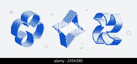 Bitmap textured shape set. Dither halftone objects collection. Blue 3d flower, star, rhombus elements for banner, poster, leaflet. Abstract pixelated raster effect bundle. Vector pack Stock Vector