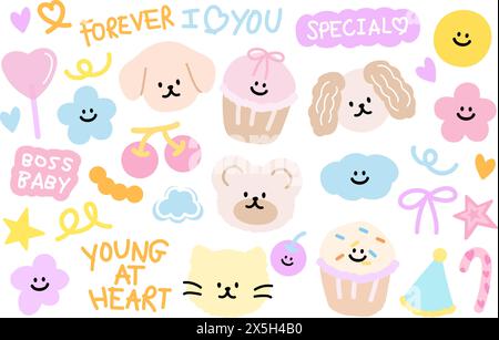 Pastel illustration of puppy, teddy bear, cat, cupcake, cloud, flowers, candy, cherry, BOSS BABY letters for animals, pet, vet, pet shop, zoo, easter Stock Vector