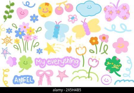 Blossom illustration doodles such as flowers, butterfly, clover leaf, sun, cherry, pink ribbon, ANGEL, EVERYTHING letters for spring, summer, picnic Stock Vector