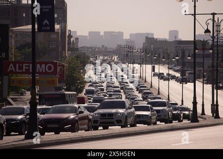 Babek Avenue. Baku. Azerbaijan. 05.19 2021. Many cars are on the road during rush hour. Stock Photo