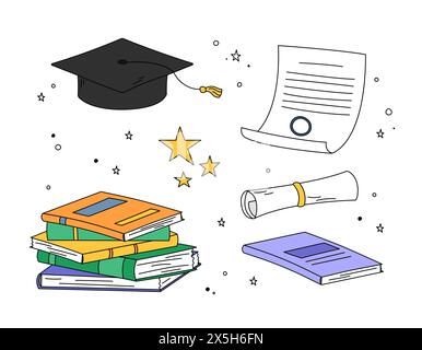 Graduation doodle elements vector set. Illustrations of isolated square academic cap, mortarboard, diploma, books pile and stars. Colorful outline Stock Vector