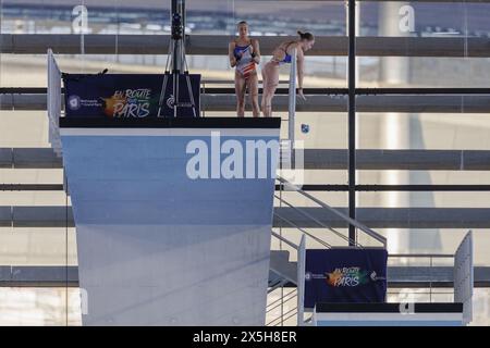 Paris, France, May 9, 2024, Jade GILLET and Emily HALLIFAX (FRA) took the 3rd rank at womenâ&#x80;&#x99;s synchronized 10 meters platform event during the International Diving Open 2024 on May 9, 2024 at Centre Aquatique Olympique in Saint-Denis near Paris, France Stock Photo