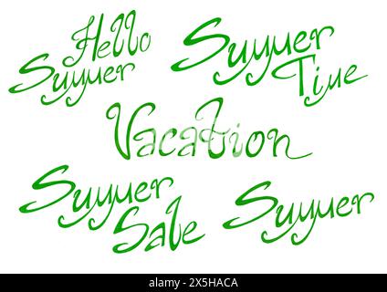 Set of phrases in green. Isolated on white background. Hello Summer. Summer time. Vacation. Summer sale. Summer. Lettering. Italic font. Rounded lette Stock Photo