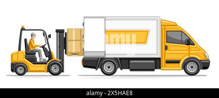 Vector illustration of Loading Truck, horizontal header with profile side view forklift load pallet with cardboard boxes in delivery truck, postal lor Stock Vector
