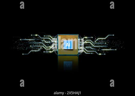 The computer processor for AI artificial intelligence machine learning and electronic circuit pattern on black background , AI artificial intelligence Stock Photo