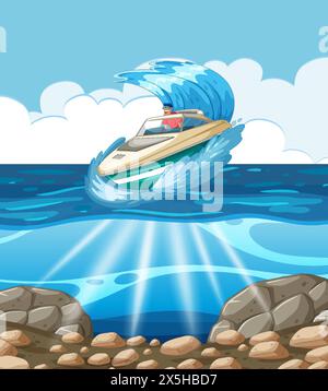 vector illustration of speedboat sea waves with american flag Stock ...