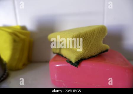 Detail of tools for scrubbing and cleaning dishes Stock Photo