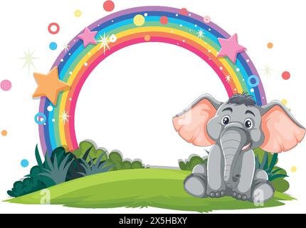 Cute elephant sitting under a vibrant rainbow Stock Vector