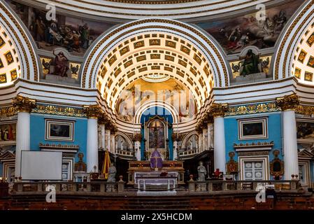 Internal view of the monumental parish church of St Mary dedicated to the Assumption of Our Lady, known as the Mosta Rotunda or Mosta Dome - Malta Stock Photo