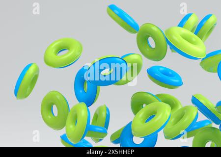 Many of flying inflatable ring for swimming pool isolated on white background. 3d render of summer vacation concept and holidays Stock Photo