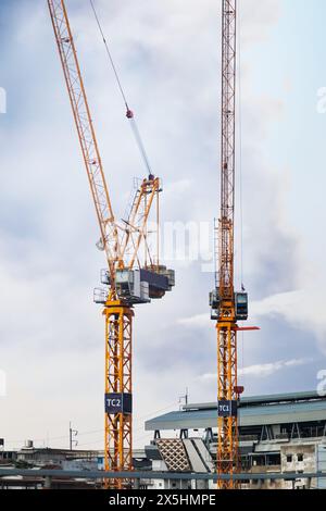 A towering crane stands as the sentinel of progress. Its massive steel frame reaches towards the sky, the crane orchestrates the ballet of constructio Stock Photo