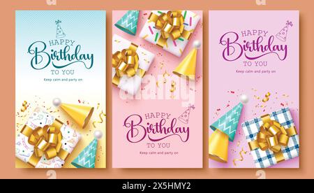 Happy birthday greeting card vector set design. Birthday invitation card collection with gift boxes, party hat and confetti decoration elements. Stock Vector