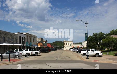 Burnet, TX - June 8, 2023: Historic Downtown Burnet Texas With Courthouse and Shops on Town Square. Burnet Texas Stock Photo