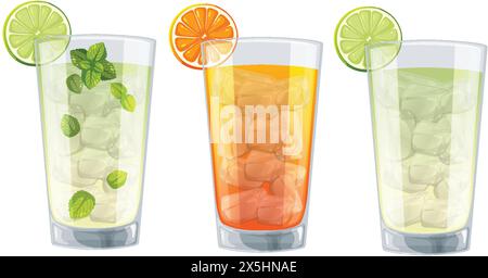 Three glasses of vibrant citrus cocktails Stock Vector