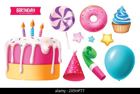 Birthday elements vector set design. Birthday objects element like cake, lollipop, donut, party hat, whistle and balloon collection in white Stock Vector