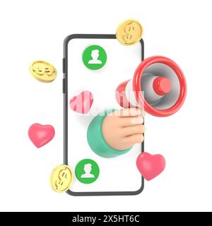 Cartoon Gesture Icon Mockup.3d refer a friend concept. Cartoon hand holding megaphone illustration .3d partnership marketing in social media.3D render Stock Photo