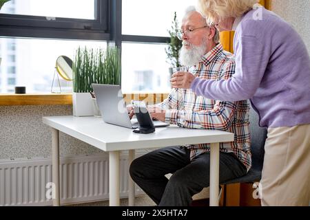 Old spouses using apps on laptop. Happy elderly couple having fun online, surfing the Net. Senior people active social networks users spend time together, watching something interesting Stock Photo