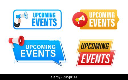 Upcoming Events text with Megaphone label set. Megaphone in hand promotion banner. Marketing and advertising Stock Vector