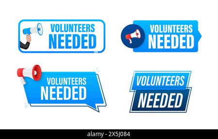 Volunteers needed text with Megaphone label set. Megaphone in hand promotion banner. Marketing and advertising Stock Vector