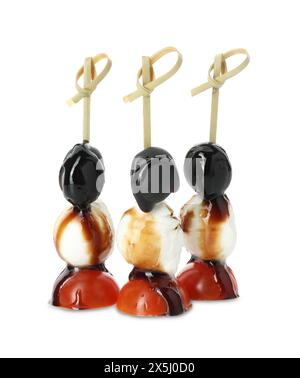 Tasty canapes with black olives, mozzarella and cherry tomatoes isolated on white Stock Photo