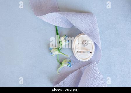 Diamond and platinum rings in a ring box with blue flowers on a Stock Photo