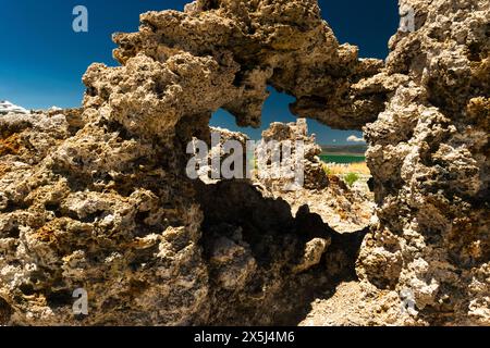 Unique tufa towers framing Mono Lake under bright skies. Stock Photo