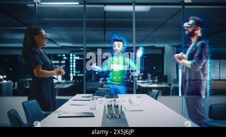 Future Office Online Meeting Video Conference Call: Businesswoman and Businessman Wearing Virtual Reality Glasses Talk using Augmented Reality Metaverse. Hologram of Virtual Assistant Avatar Concept. Stock Photo