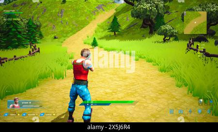 Non-Violent Video Game Mock-up Concept. Game play 3D Third Person Shooter Online Multiplayer Battle Royale. Fun Tactical Arcade Adventure with Hero Characters Running in Free World. Stock Photo