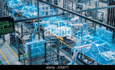 Car Factory Digitalization Industry 4.0 Concept: Automated Robot Arm Assembly Line Manufacturing High-Tech Green Energy Electric Vehicles. AI Computer Vision Analyzing, Scanning Production Efficiency Stock Photo