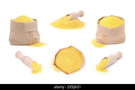 Set with uncooked cornmeal in paper bags and scoops isolated on white, collage Stock Photo