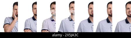 Man showing different emotions on white background, collage of photos Stock Photo