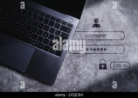 Desktop view with cyber security password login online on laptop. Data protection from hacker. Stock Photo