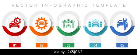 Technology icon set, miscellaneous vector icons such as workshop, car, service and carwash, modern design infographic template, web buttons in 5 color Stock Vector