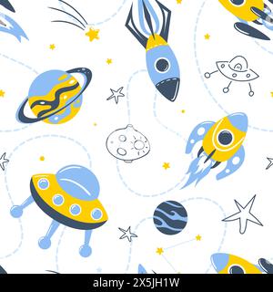 Rockets in space, seamless pattern. Galaxy, dreams, universe. Space trip. Flight among planets and stars. Space landscape, shuttle, UFO, future. For w Stock Vector