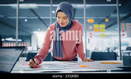 Modern Office: Motivated Muslim Businesswoman Wearing Hijab Works on Engineering Project, Does Document and Blueprints Analysis. Empowered Digital Entrepreneur Works on e-Commerce Startup Project Stock Photo