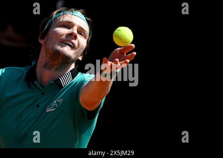 Rome, Italy. 10th May, 2024. Alexander Bublik of Kazakhstan serves during the match against Nuno Borges of Portugal at the Internazionali BNL d'Italia 2024 tennis tournament at Foro Italico in Rome, Italy on May 10, 2024. Nuono Borges defeated Alexander Bublik 6-4, 6-4. Credit: Insidefoto di andrea staccioli/Alamy Live News Stock Photo