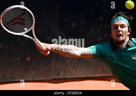 Rome, Italy. 10th May, 2024. Alexander Bublik of Kazakhstan in action during the match against Nuno Borges of Portugal at the Internazionali BNL d'Italia 2024 tennis tournament at Foro Italico in Rome, Italy on May 10, 2024. Nuono Borges defeated Alexander Bublik 6-4, 6-4. Credit: Insidefoto di andrea staccioli/Alamy Live News Stock Photo
