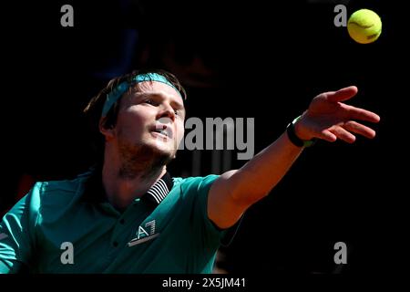 Rome, Italy. 10th May, 2024. Alexander Bublik of Kazakhstan serves during the match against Nuno Borges of Portugal at the Internazionali BNL d'Italia 2024 tennis tournament at Foro Italico in Rome, Italy on May 10, 2024. Nuono Borges defeated Alexander Bublik 6-4, 6-4. Credit: Insidefoto di andrea staccioli/Alamy Live News Stock Photo
