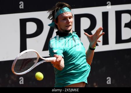 Rome, Italy. 10th May, 2024. Alexander Bublik of Kazakhstan in action during the match against Nuno Borges of Portugal at the Internazionali BNL d'Italia 2024 tennis tournament at Foro Italico in Rome, Italy on May 10, 2024. Nuono Borges defeated Alexander Bublik 6-4, 6-4. Credit: Insidefoto di andrea staccioli/Alamy Live News Stock Photo