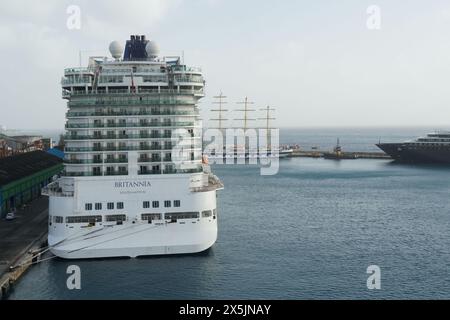 Aft, stern part of Britannia cruise passenger ship of Royal-class  moored in Bridgetown, Barbados on of the Caribbean island. Stock Photo