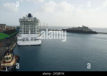 The aft, also known as the stern section, of the Royal-class Britannia cruise ship is docked in Bridgetown, Barbados Stock Photo