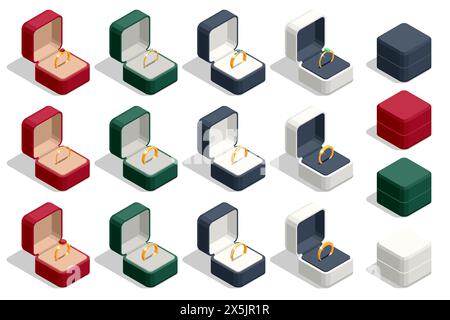 Isometric Elegant jewelry. Opened gift jewelry boxes with ring. Jewellery gold and silver ring with diamonds or gemstones. Cartoon jewellery shop Stock Vector