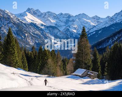 View from Hochleite towards Mt. Trettachspitze and Mt. Madelegabel. The Allgau Alps near Oberstdorf during winter in Bavaria, Germany. Stock Photo